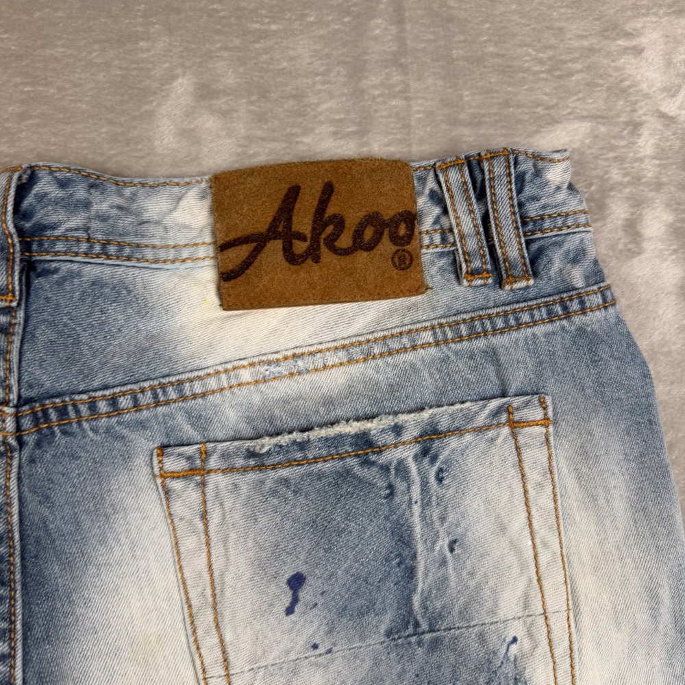 AKOO Mens Distressed Patchwork Jeans Light Wash Paint Splatter Denim Size 38 - Picture 9 of 16